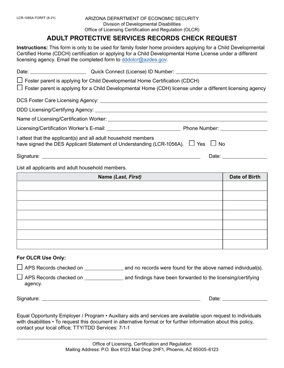 Form LCR-1085A Adult Protective Services Records Check Request - Arizona, Page 1