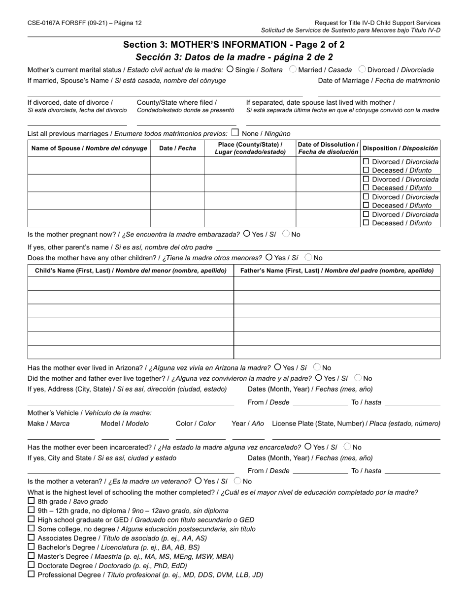 Form CSE-0167A-S Solicitud Del Titulo IV-D Para Servicios De Sustento Para Menores Y Los Derechos Y Responsabilidades Del Solicitante - Arizona (English / Spanish), Page 12