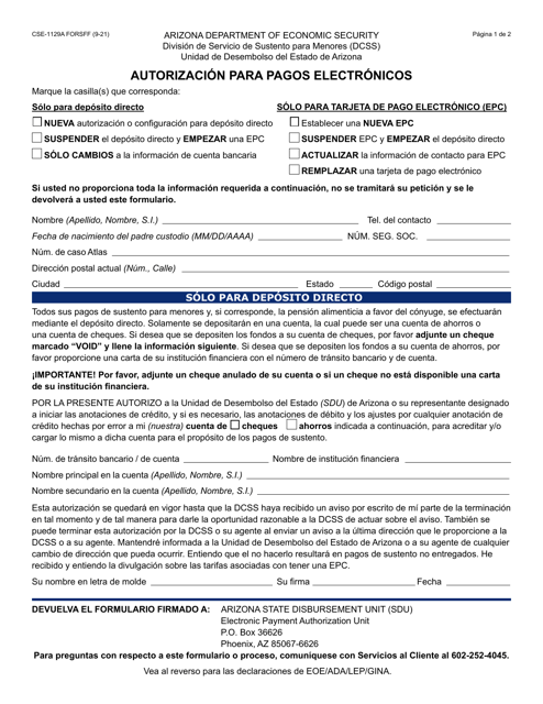 Formulario CSE-1129A-S Autorizacion Para Pagos Electronicos - Arizona (Spanish)