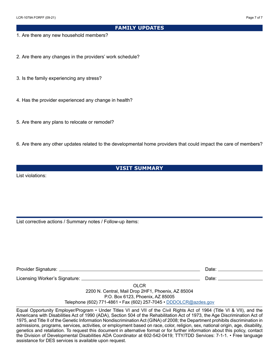 Form LCR-1079A Developmental Home Compliance Review - Arizona, Page 7