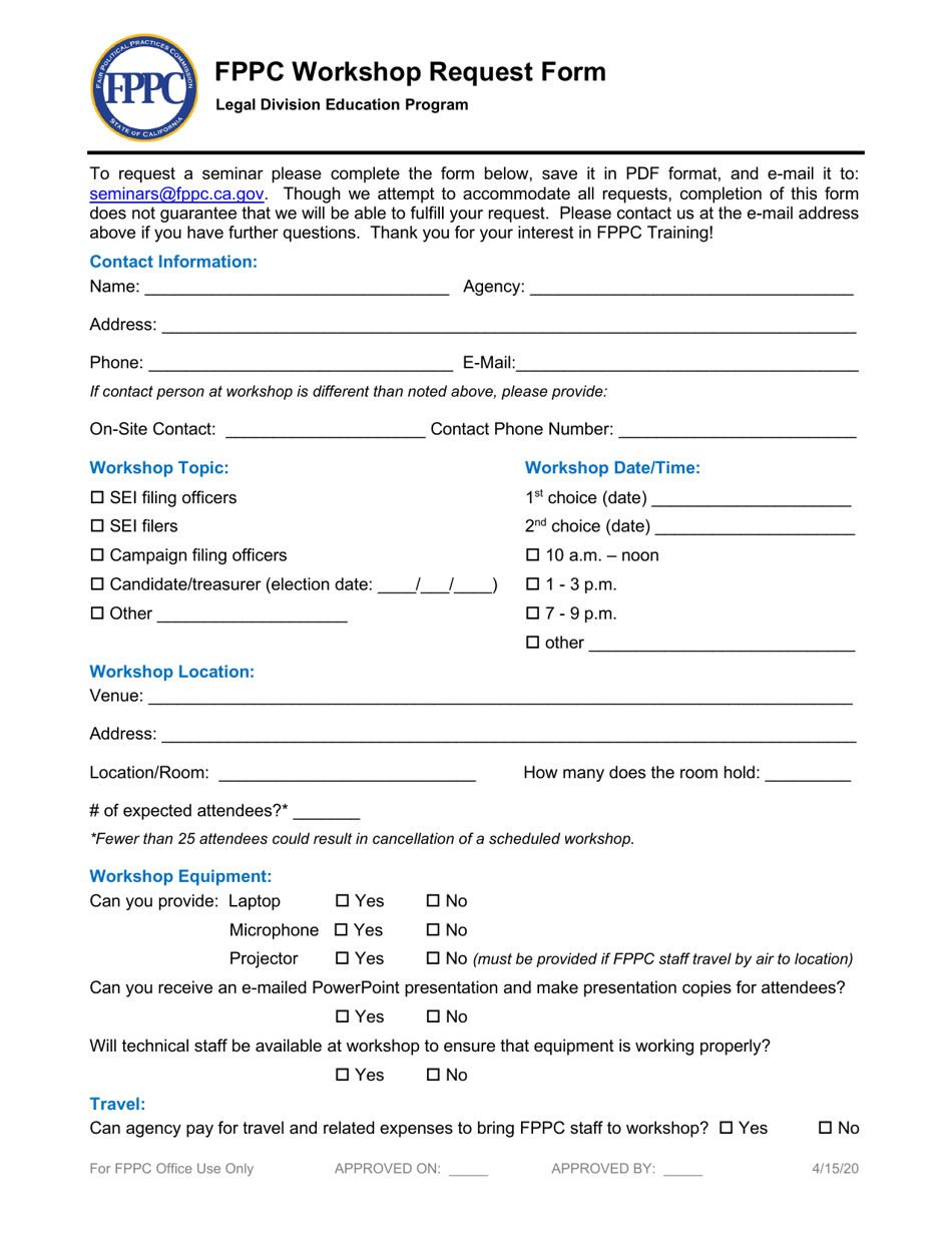 FPPC Workshop Request Form - California, Page 1