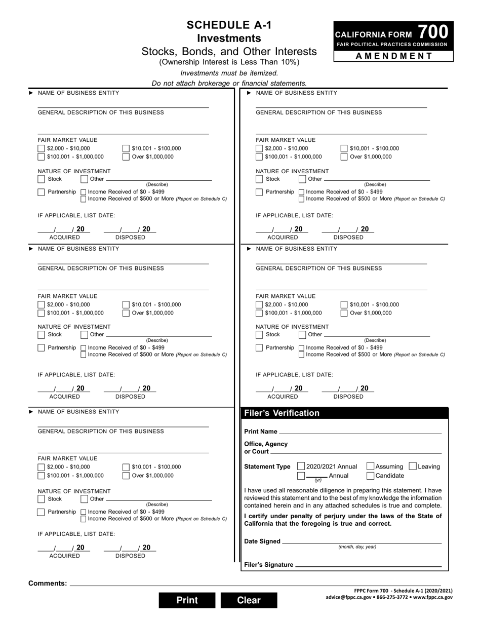 FPPC Form 700 Schedule A-1 Investments - Stocks, Bonds, and Other Interests (Ownership Interest Is Less Than 10%) - Amendment - California, Page 1