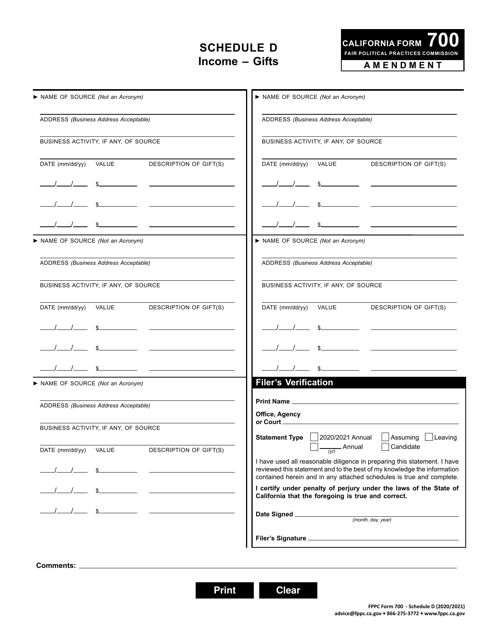 FPPC Form 700 Schedule D 2021 Printable Pdf