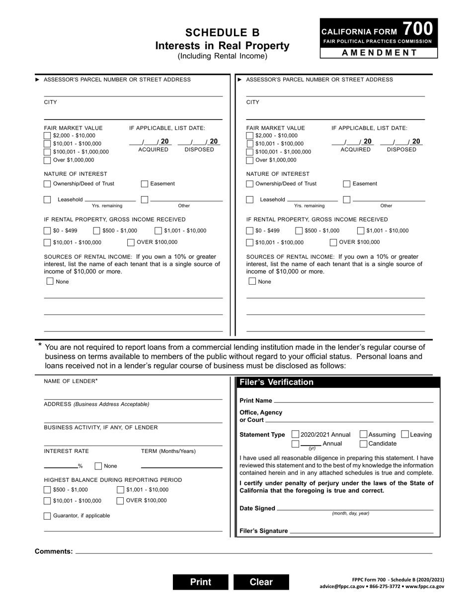 FPPC Form 700 Schedule B Interests in Real Property (Including Rental Income) - Amendment - California, Page 1