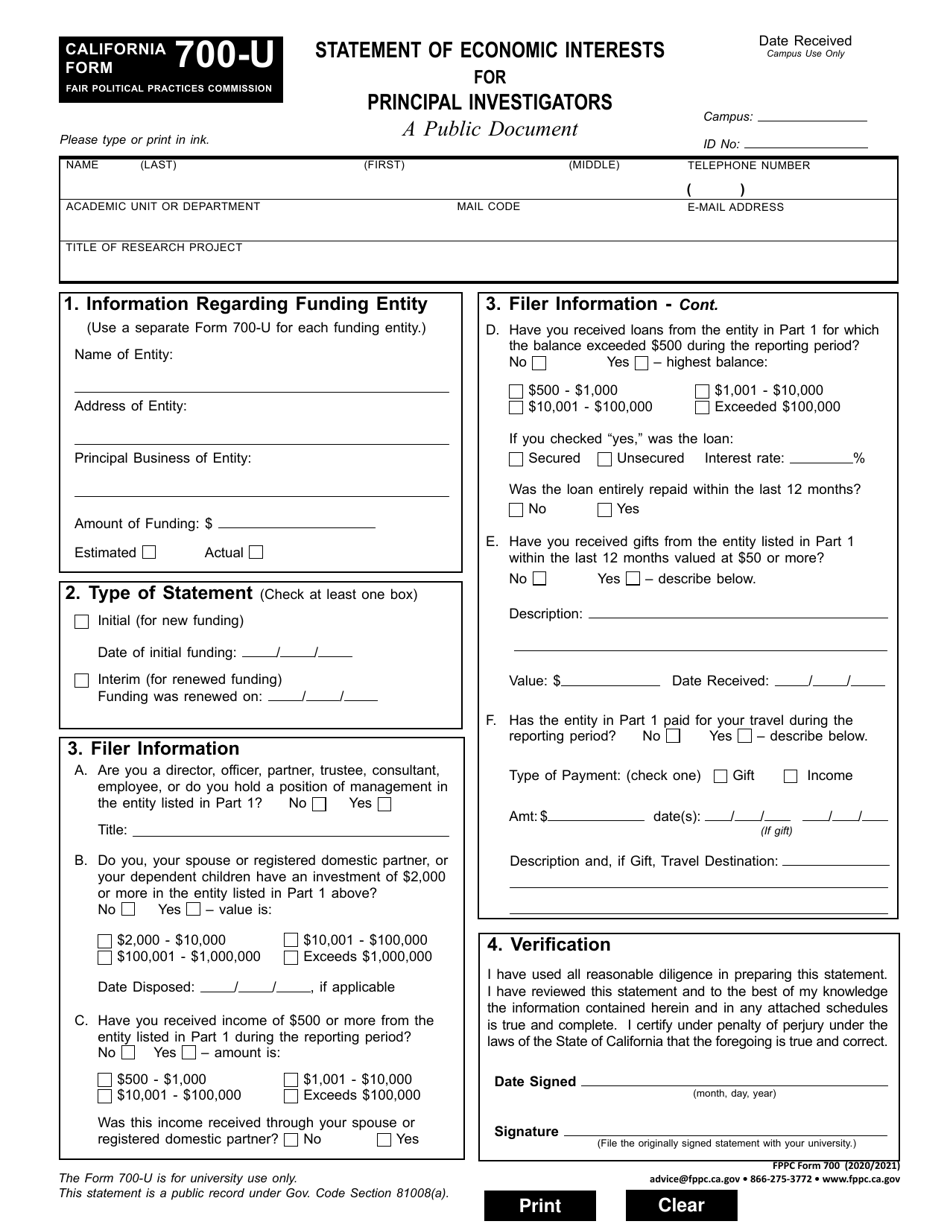 FPPC Form 700-U Statement of Economic Interests for Principal Investigators - California, Page 2