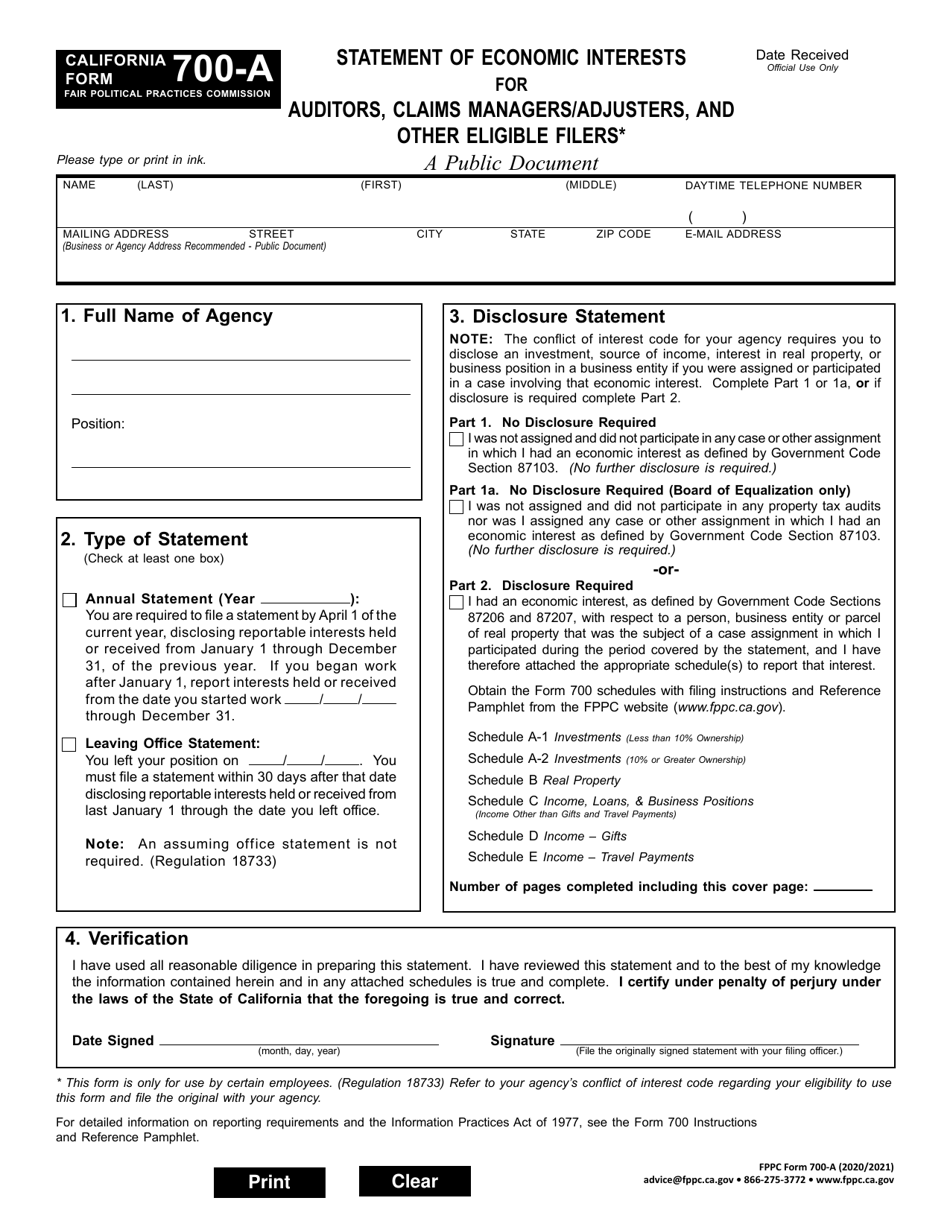 FPPC Form 700-A Statement of Economic Interests for Auditors, Claims Managers / Adjusters, and Other Eligible Filers - California, Page 1