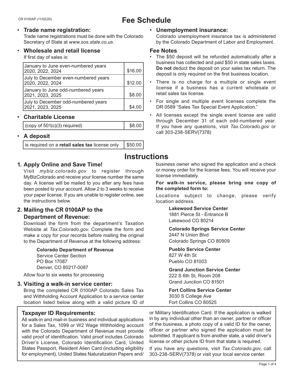 Form CR0100AP Colorado Sales Tax and Withholding Account Application - Colorado, Page 1