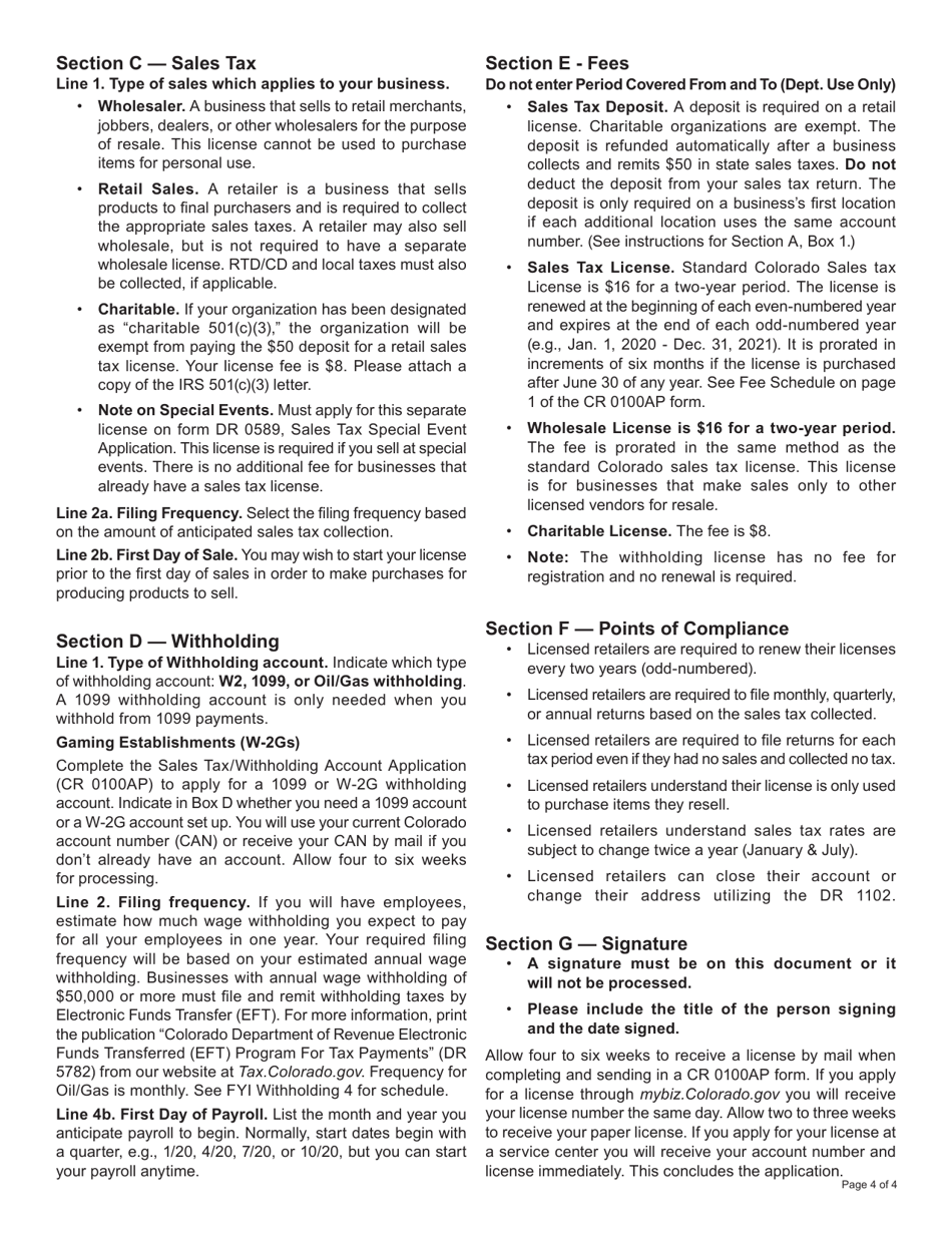 Form CR0100AP Colorado Sales Tax and Withholding Account Application - Colorado, Page 4