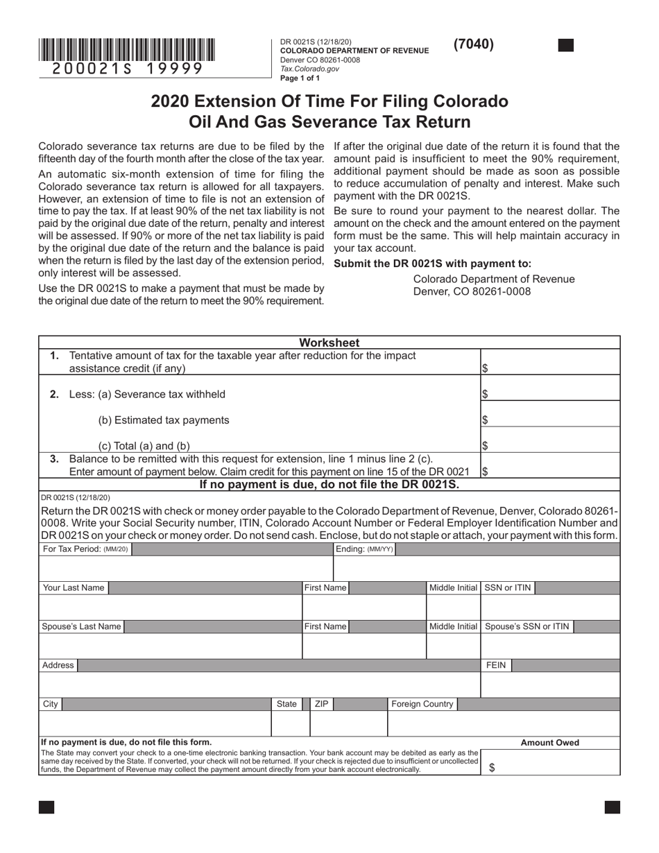 Form DR0021S Extension of Time for Filing Colorado Oil and Gas Severance Tax Return - Colorado, Page 1