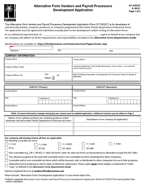 Form GT-320227 Alternative Form Vendors and Payroll Processors Development Application - Florida