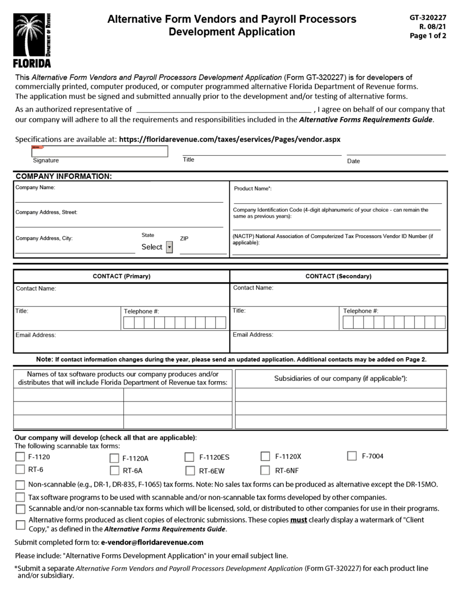 Form GT-320227 Alternative Form Vendors and Payroll Processors Development Application - Florida, Page 1