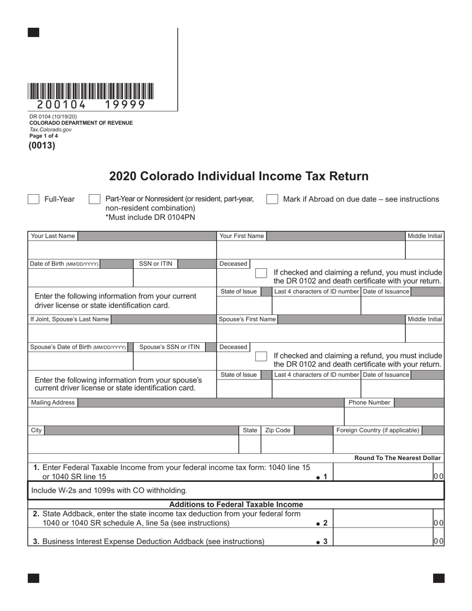 Form DR0104 Colorado Individual Income Tax Return - Colorado, Page 1