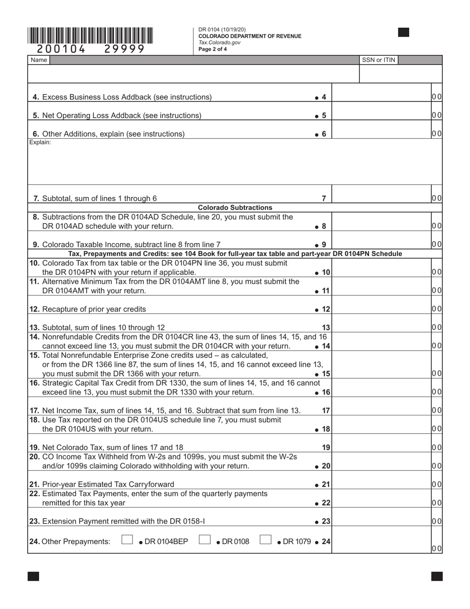 Form DR0104 Colorado Individual Income Tax Return - Colorado, Page 2