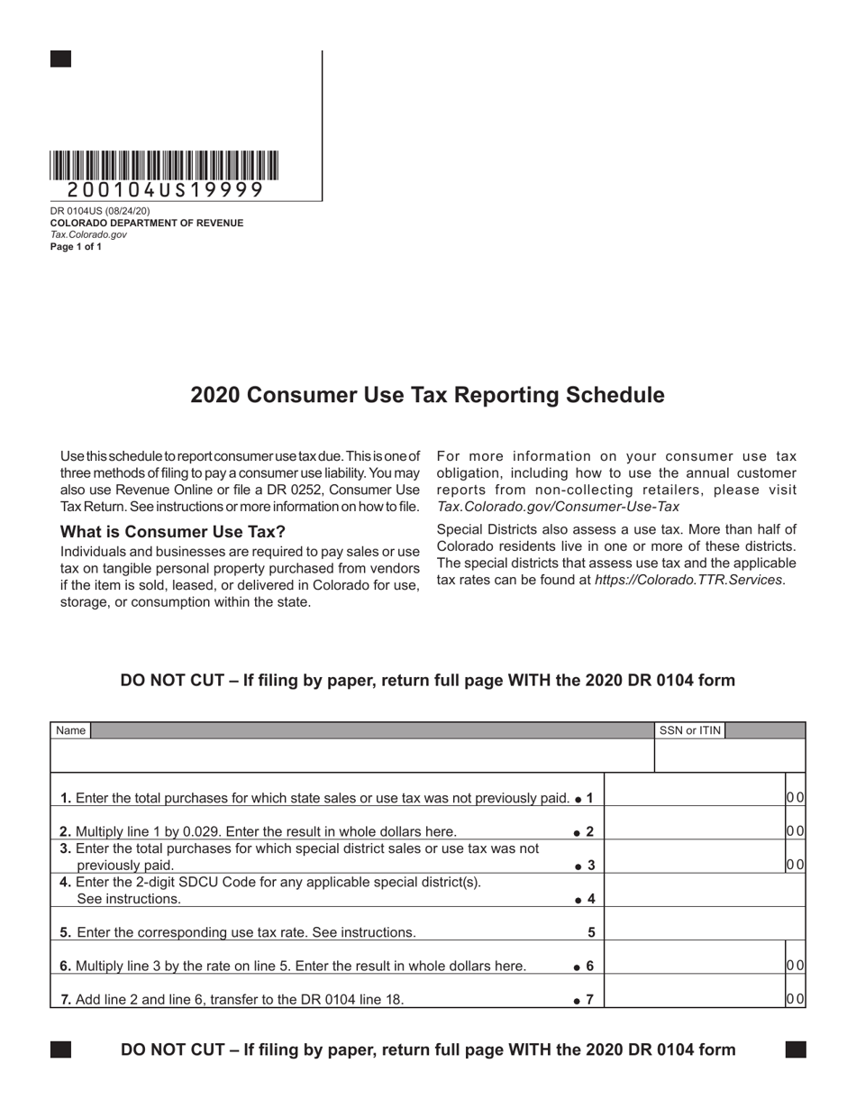 Form DR0104US Consumer Use Tax Reporting Schedule - Colorado, Page 1