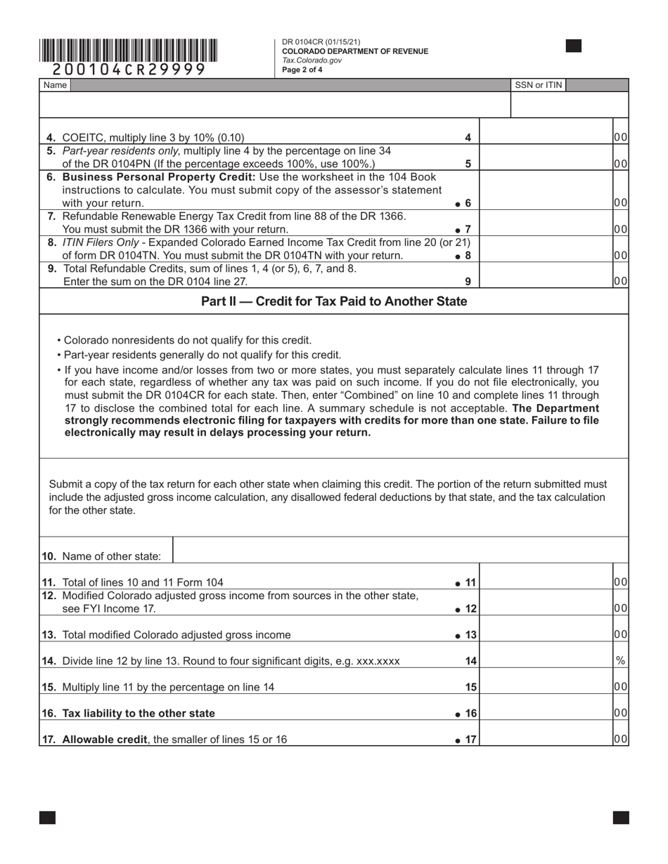 Form DR0104CR Individual Credit Schedule - Colorado, Page 2