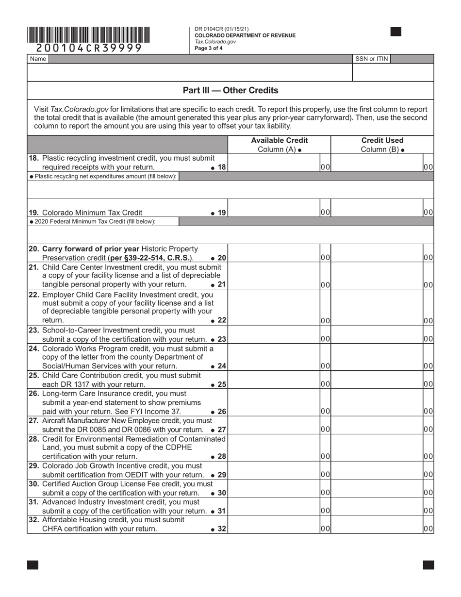 Form DR0104CR Individual Credit Schedule - Colorado, Page 3