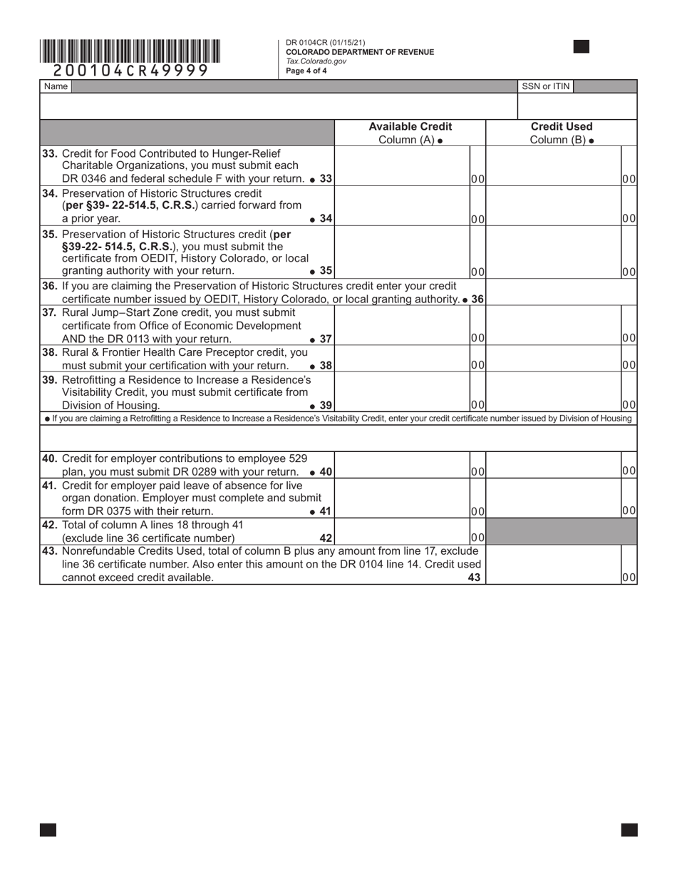 Form DR0104CR Individual Credit Schedule - Colorado, Page 4