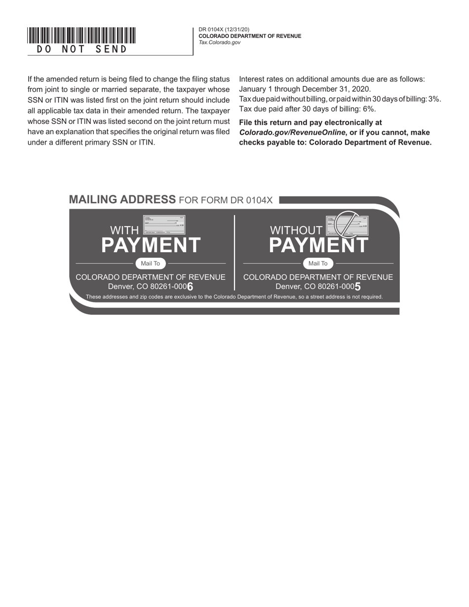 Form DR0104X Amended Colorado Individual Income Tax Return - Colorado, Page 2