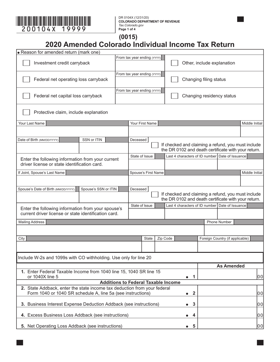 Form DR0104X Amended Colorado Individual Income Tax Return - Colorado, Page 3