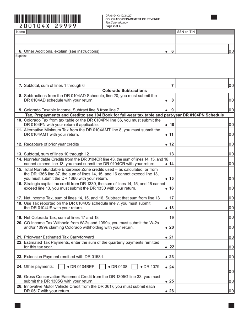 Form DR0104X Amended Colorado Individual Income Tax Return - Colorado, Page 4