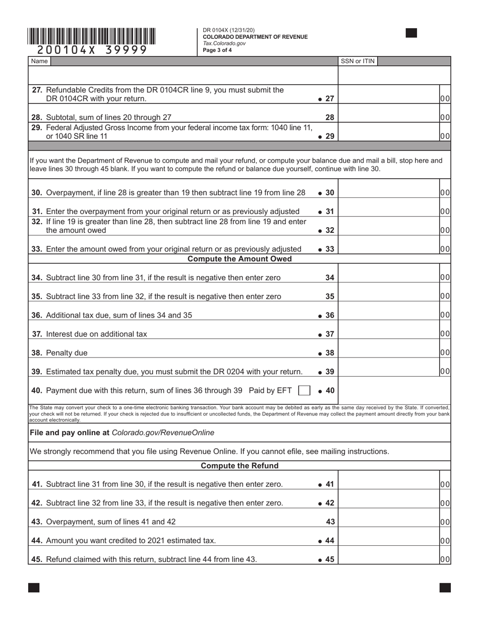 Form DR0104X Amended Colorado Individual Income Tax Return - Colorado, Page 5