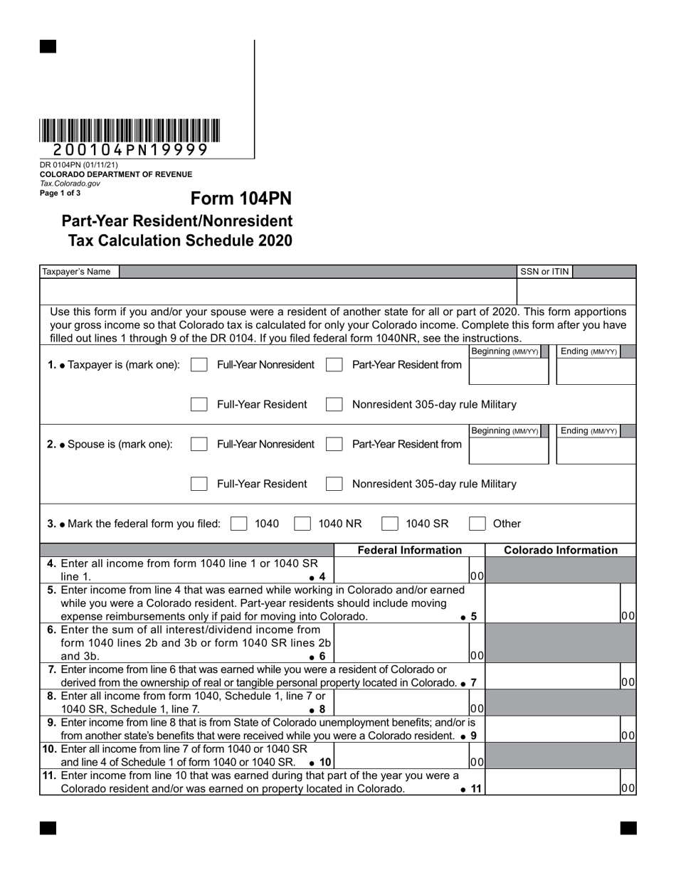 Form DR0104PN Part-Year Resident / Nonresident Tax Calculation Schedule - Colorado, Page 1
