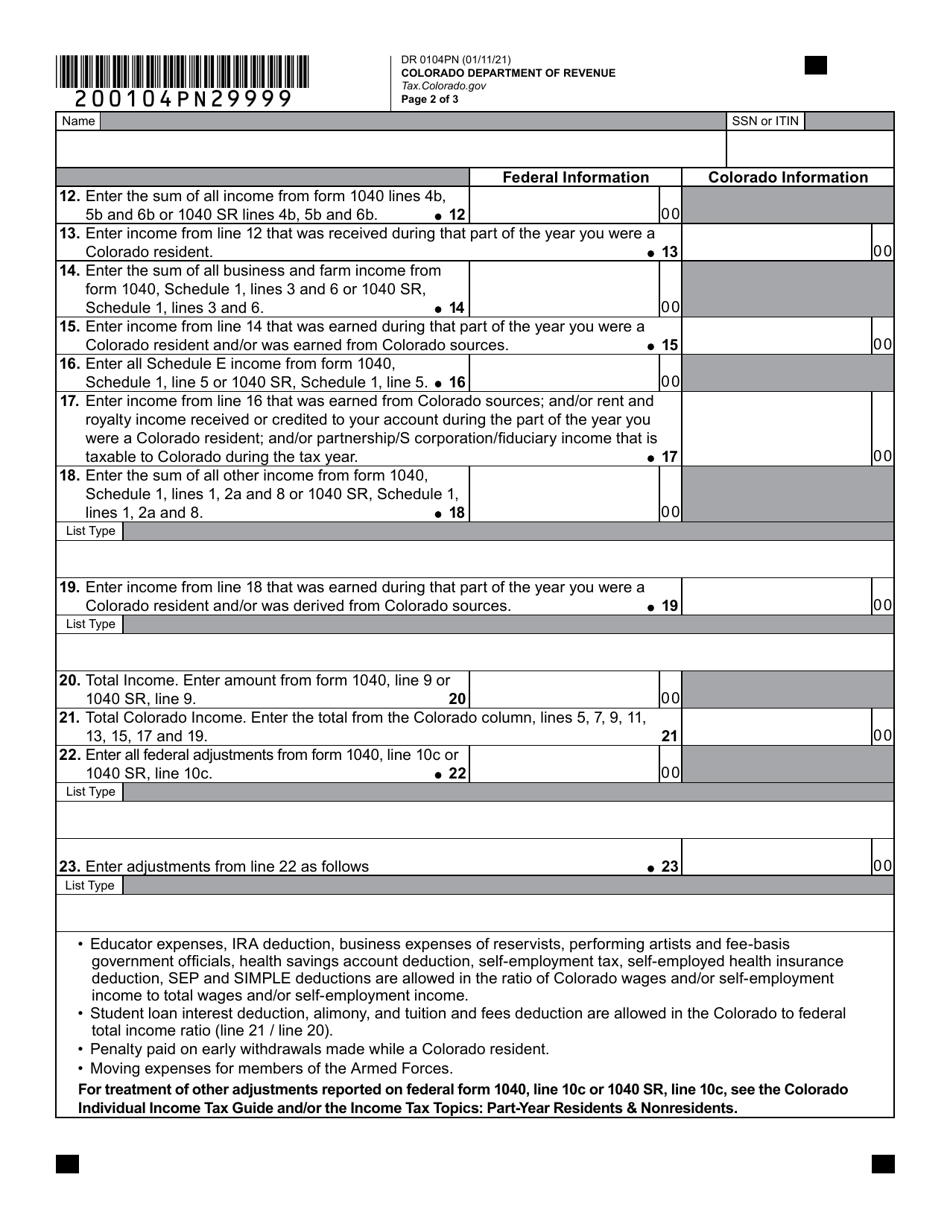 Form DR0104PN Part-Year Resident / Nonresident Tax Calculation Schedule - Colorado, Page 2