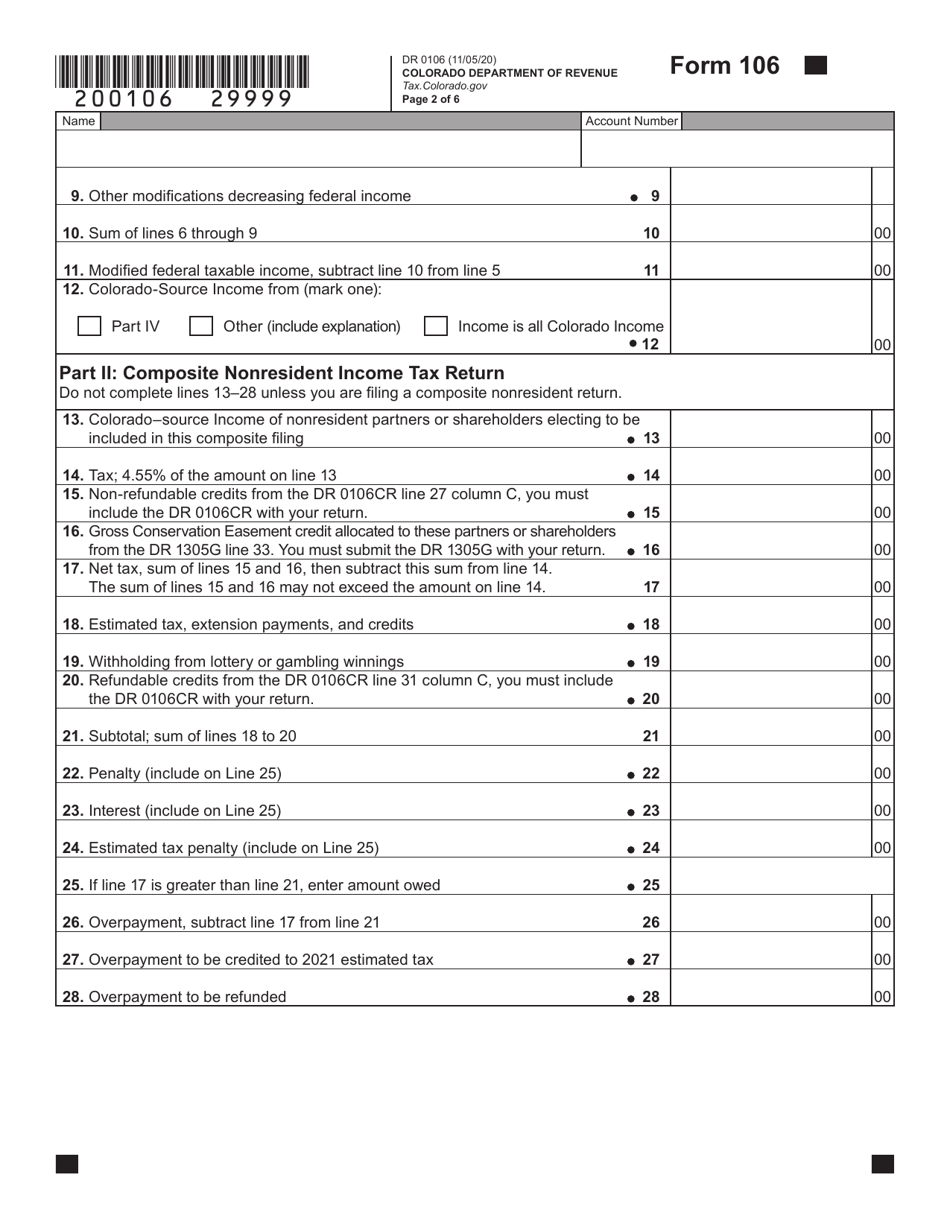 Form DR0106 Colorado Partnership and S Corporation and Composite Nonresident Income Tax Return - Colorado, Page 2