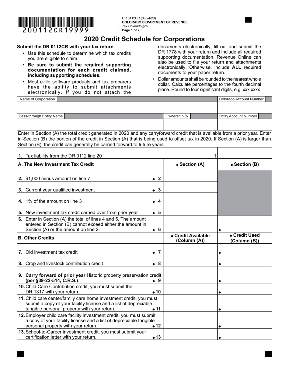 Form DR0112CR Credit Schedule for Corporations - Colorado, Page 1