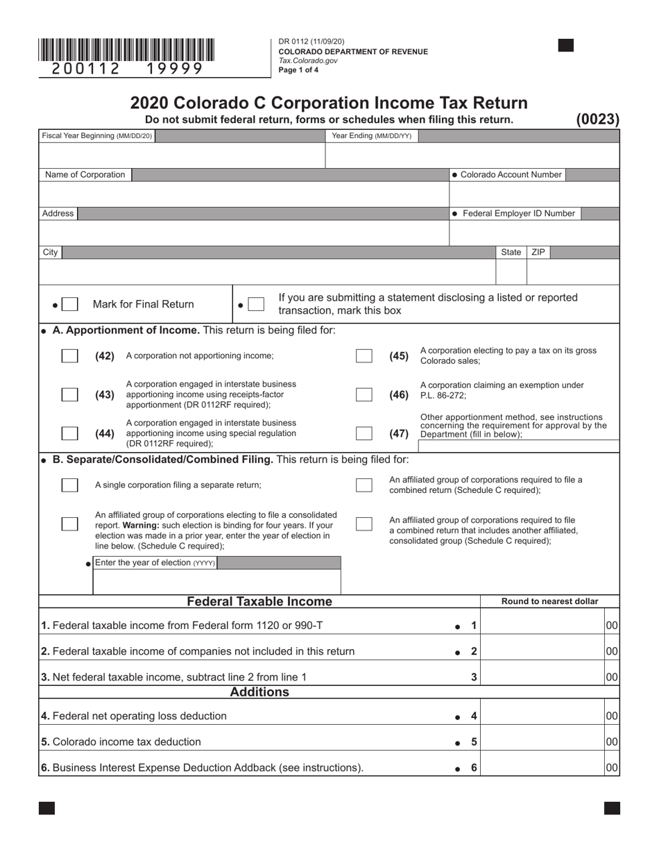 Form DR0112 Colorado C Corporation Income Tax Return - Colorado, Page 1