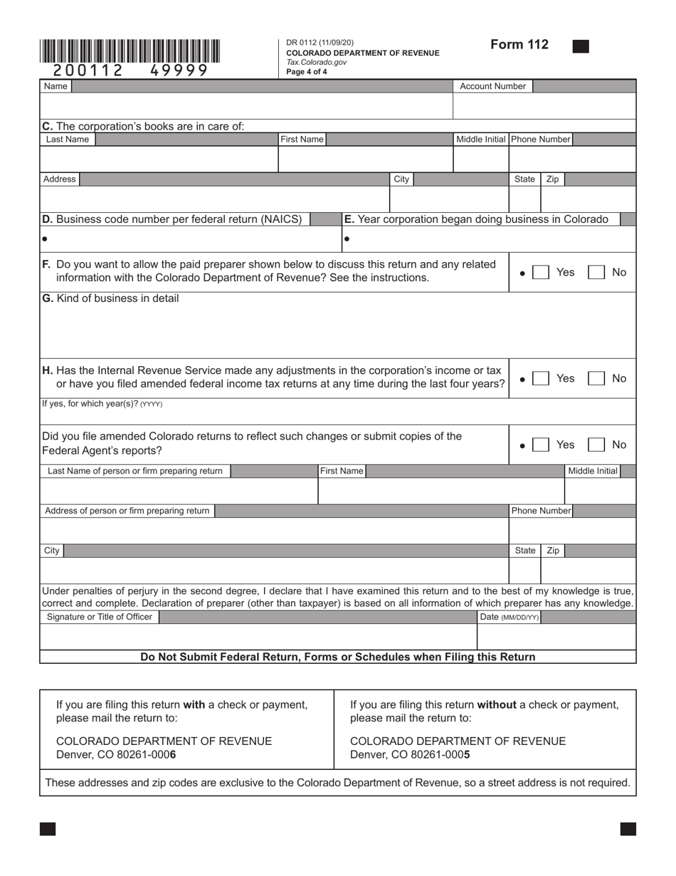 Form DR0112 Colorado C Corporation Income Tax Return - Colorado, Page 4