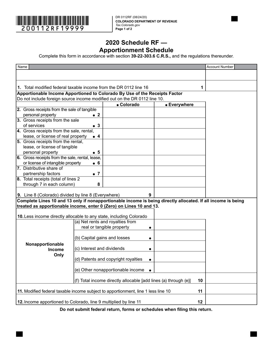 Form DR0112RF Schedule RF Apportionment Schedule - Colorado, Page 1