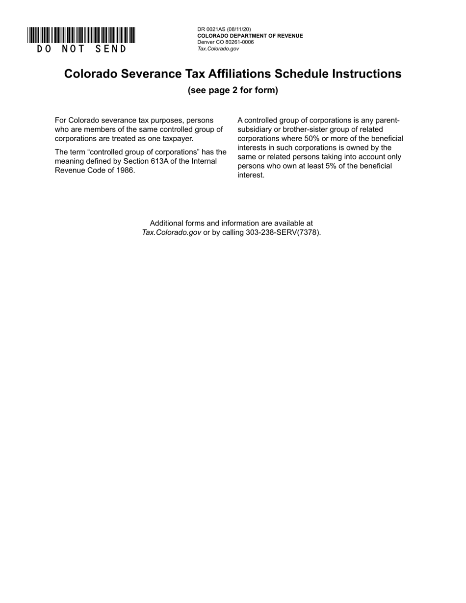 Form DR0021AS Colorado Severance Tax Affiliations Schedule - Colorado, Page 1