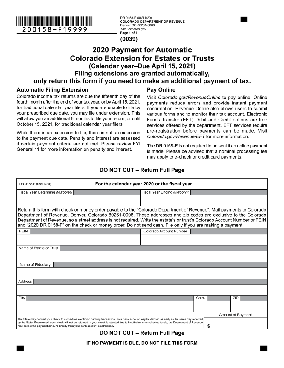 Form DR0158F Download Fillable PDF or Fill Online Payment for
