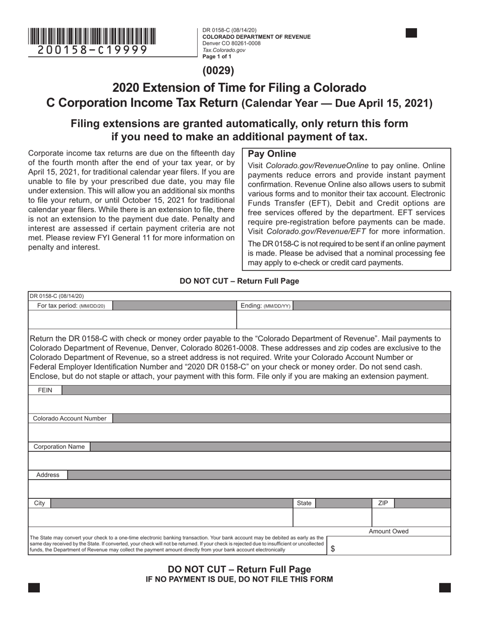 Form DR0158-C Extension of Time for Filing a Colorado C Corporation Income Tax Return - Colorado, Page 1