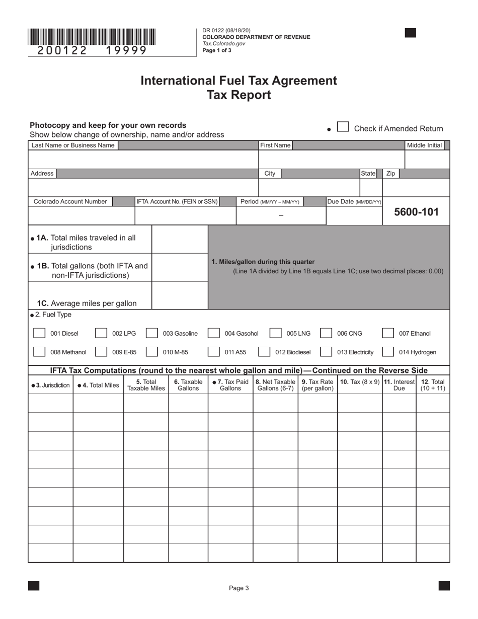 Form DR0122 Download Fillable PDF or Fill Online International Fuel Tax Agreement Tax Report