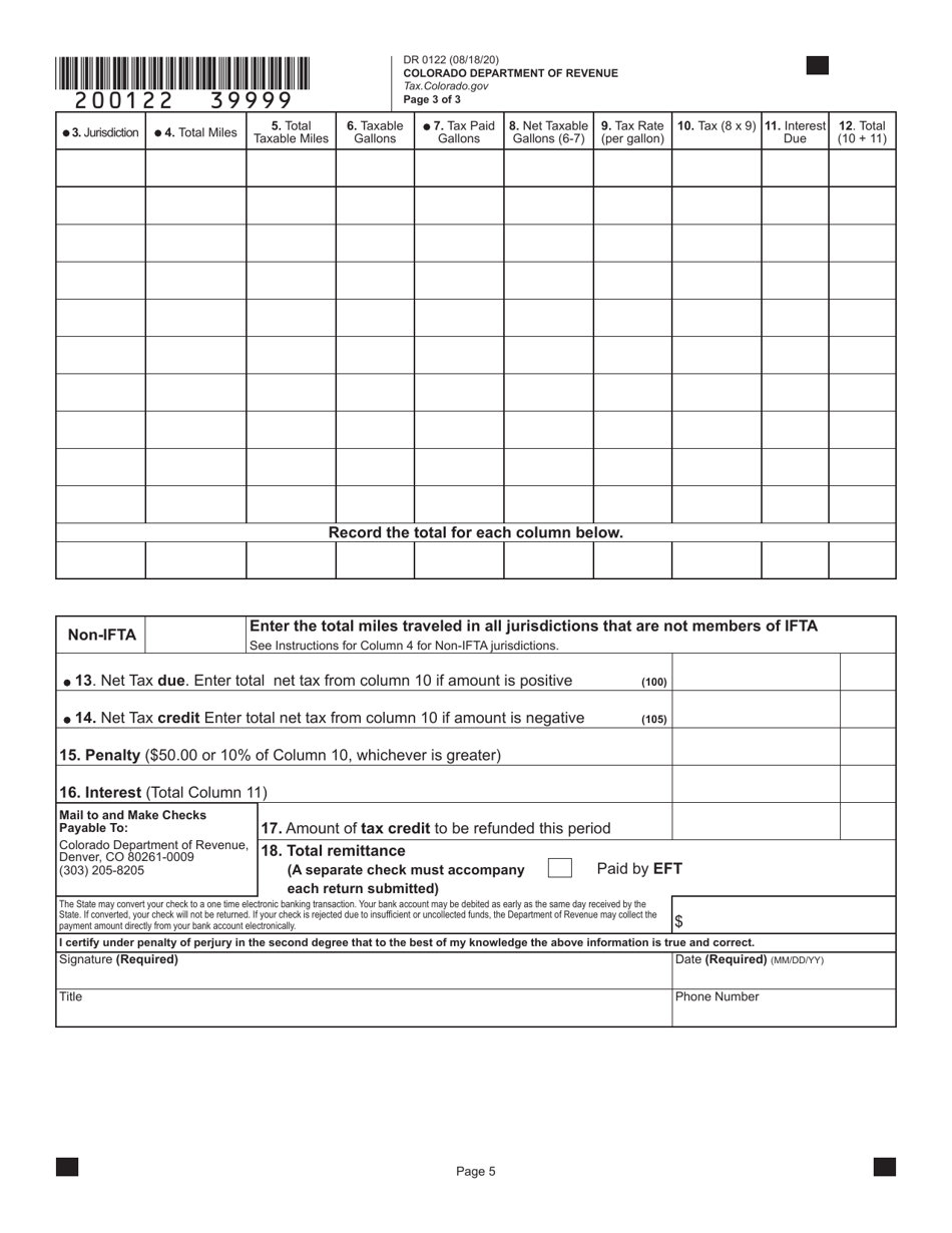 Form DR0122 International Fuel Tax Agreement Tax Report - Colorado, Page 5