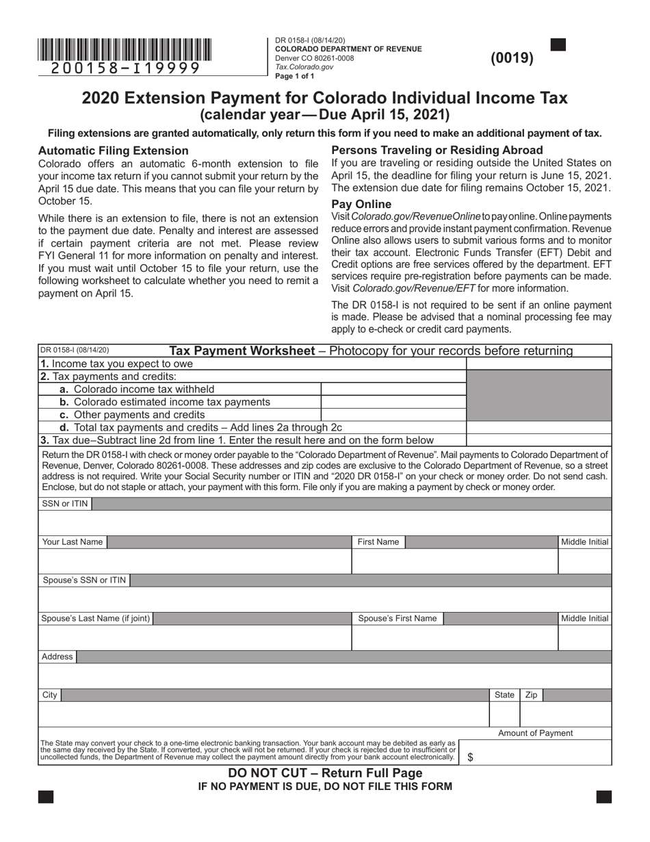 Form DR0158-I Extension Payment for Colorado Individual Income Tax - Colorado, Page 1
