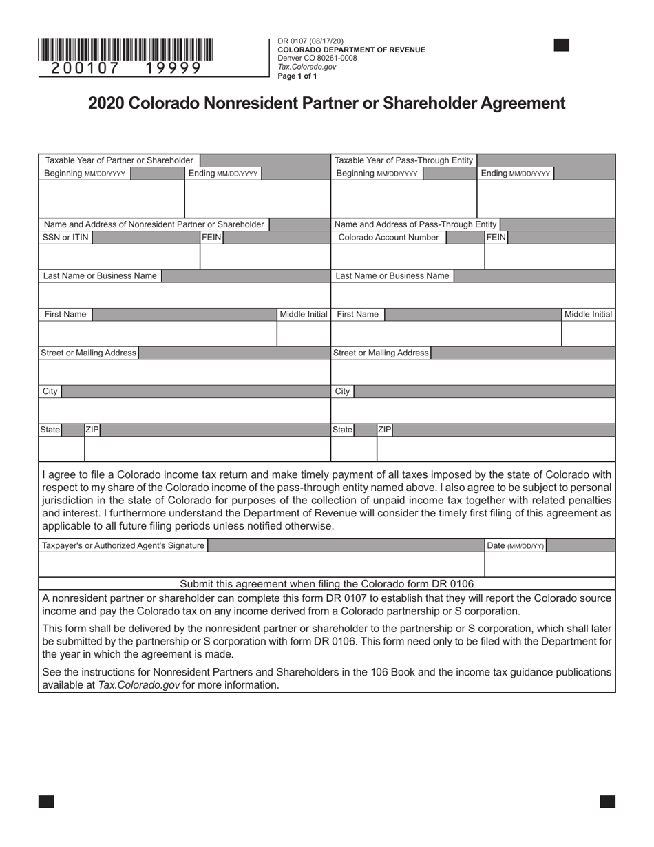 Form DR0107 Colorado Nonresident Partner or Shareholder Agreement - Colorado, Page 1