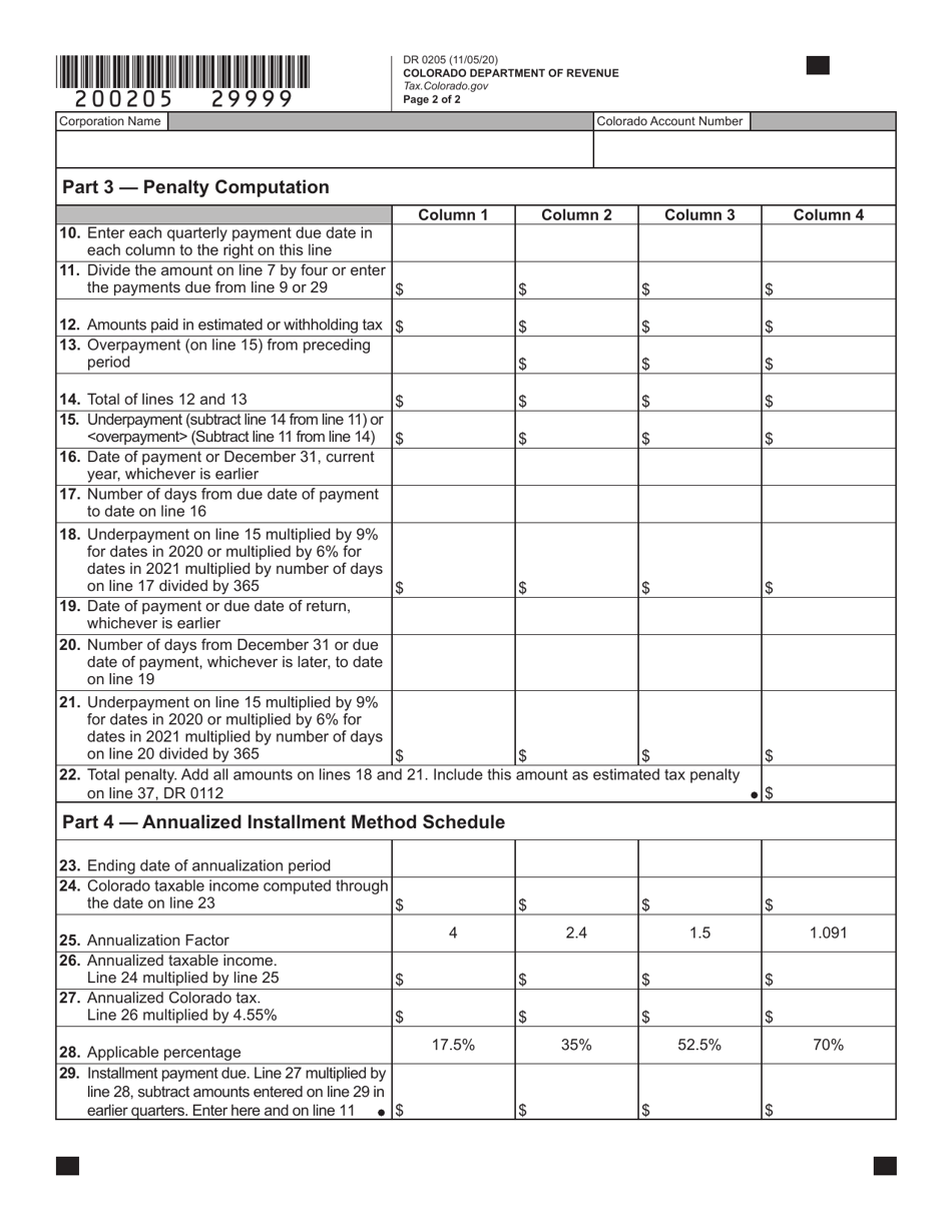 Form DR0205 Tax Year Ending Computation of Penalty Due Based on Underpayment of Colorado Corporate Estimated Tax - Colorado, Page 3
