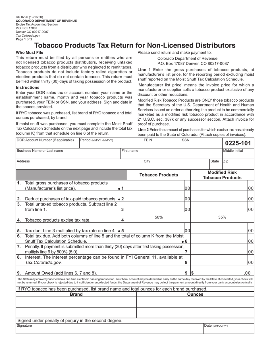 Form DR0225 Tobacco Products Tax Return for Non-licensed Distributors - Colorado, Page 1