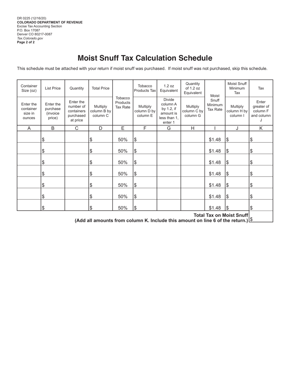 Form DR0225 Tobacco Products Tax Return for Non-licensed Distributors - Colorado, Page 2