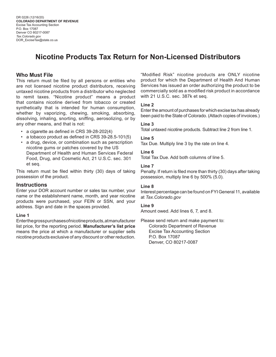 Form DR0226 Nicotine Products Tax Return for Non-licensed Distributors - Colorado, Page 1