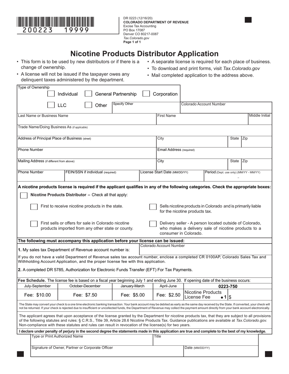 Form DR0223 Nicotine Products Distributor Application - Colorado, Page 1