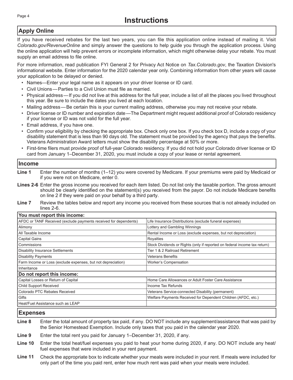 Form DR0104PTC Colorado Property Tax / Rent / Heat Rebate Application - Colorado, Page 4