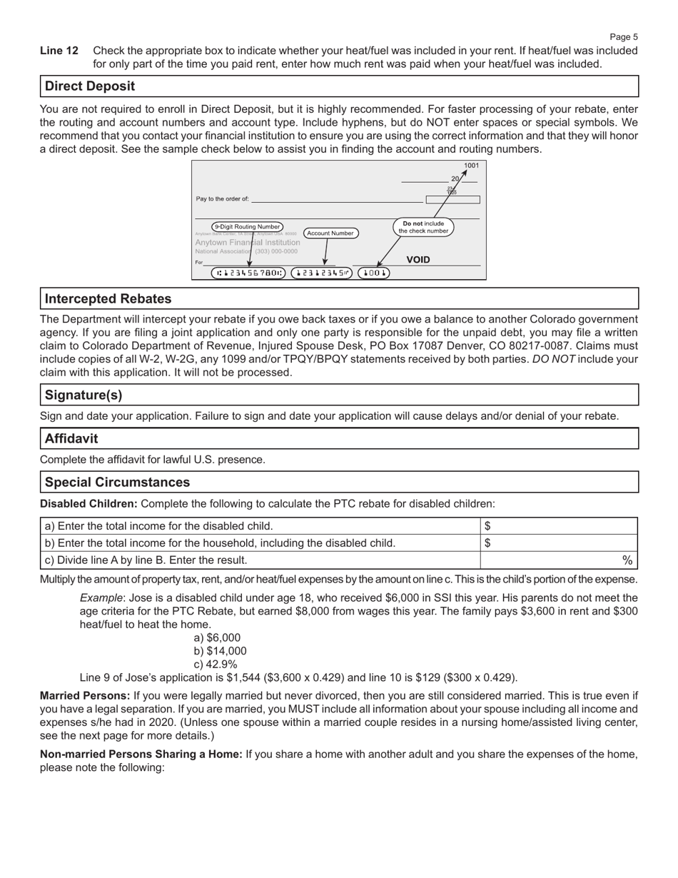 Form DR0104PTC Colorado Property Tax / Rent / Heat Rebate Application - Colorado, Page 5