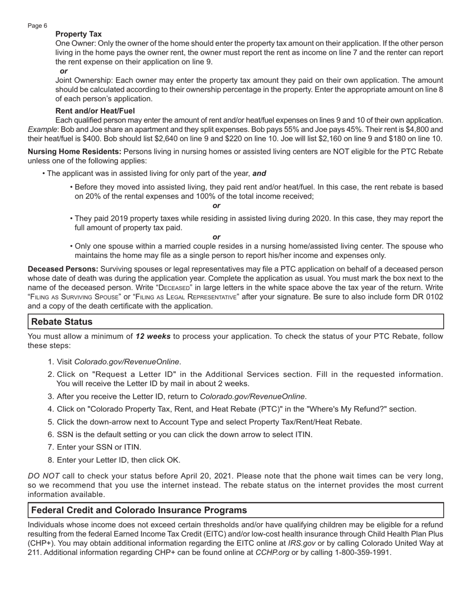 Form DR0104PTC Colorado Property Tax / Rent / Heat Rebate Application - Colorado, Page 6