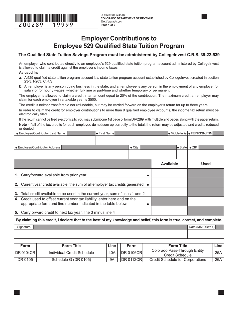 Form DR0289 Employer Contributions to Employee 529 Qualified State Tuition Program - Colorado, Page 1