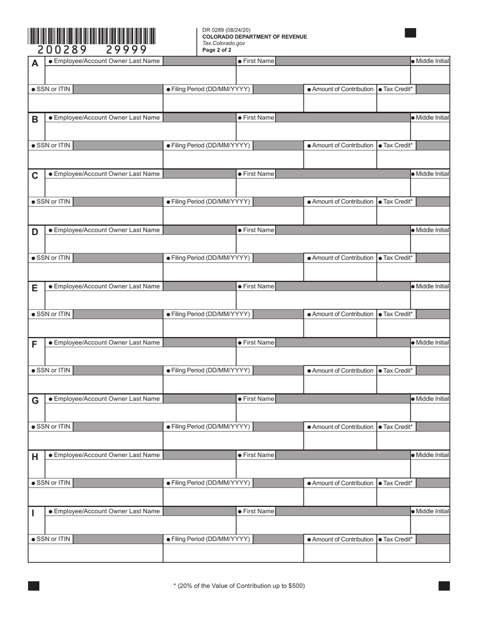 Form DR0289 Employer Contributions to Employee 529 Qualified State Tuition Program - Colorado, Page 2