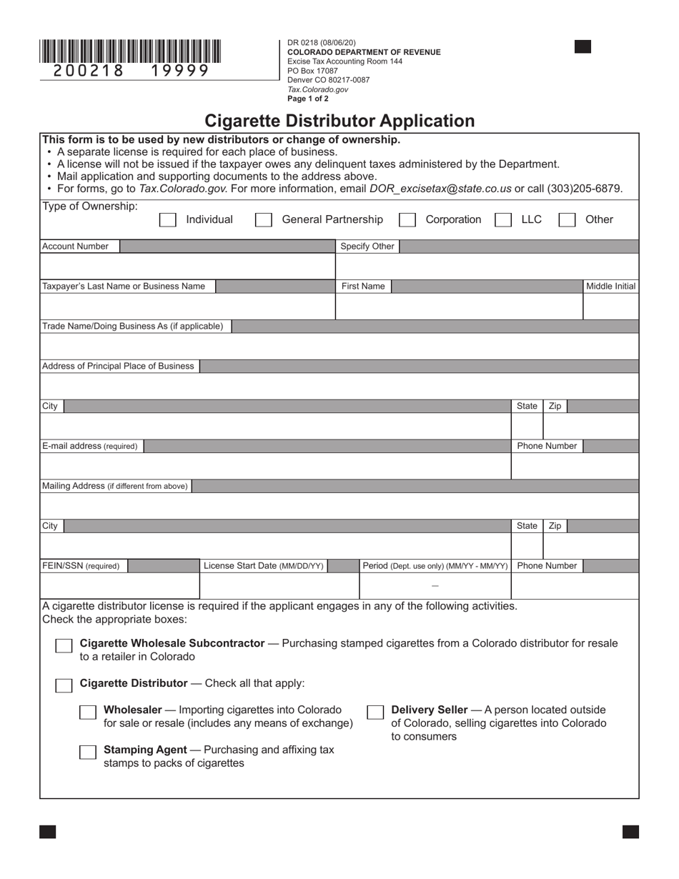 Form DR0218 Cigarette Distributor Application - Colorado, Page 1